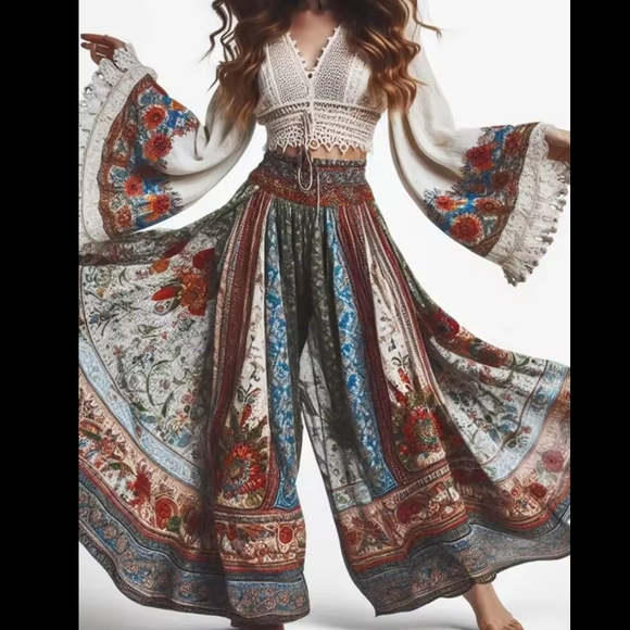 Pants - Bohemian Floral Wide-Leg Pants
